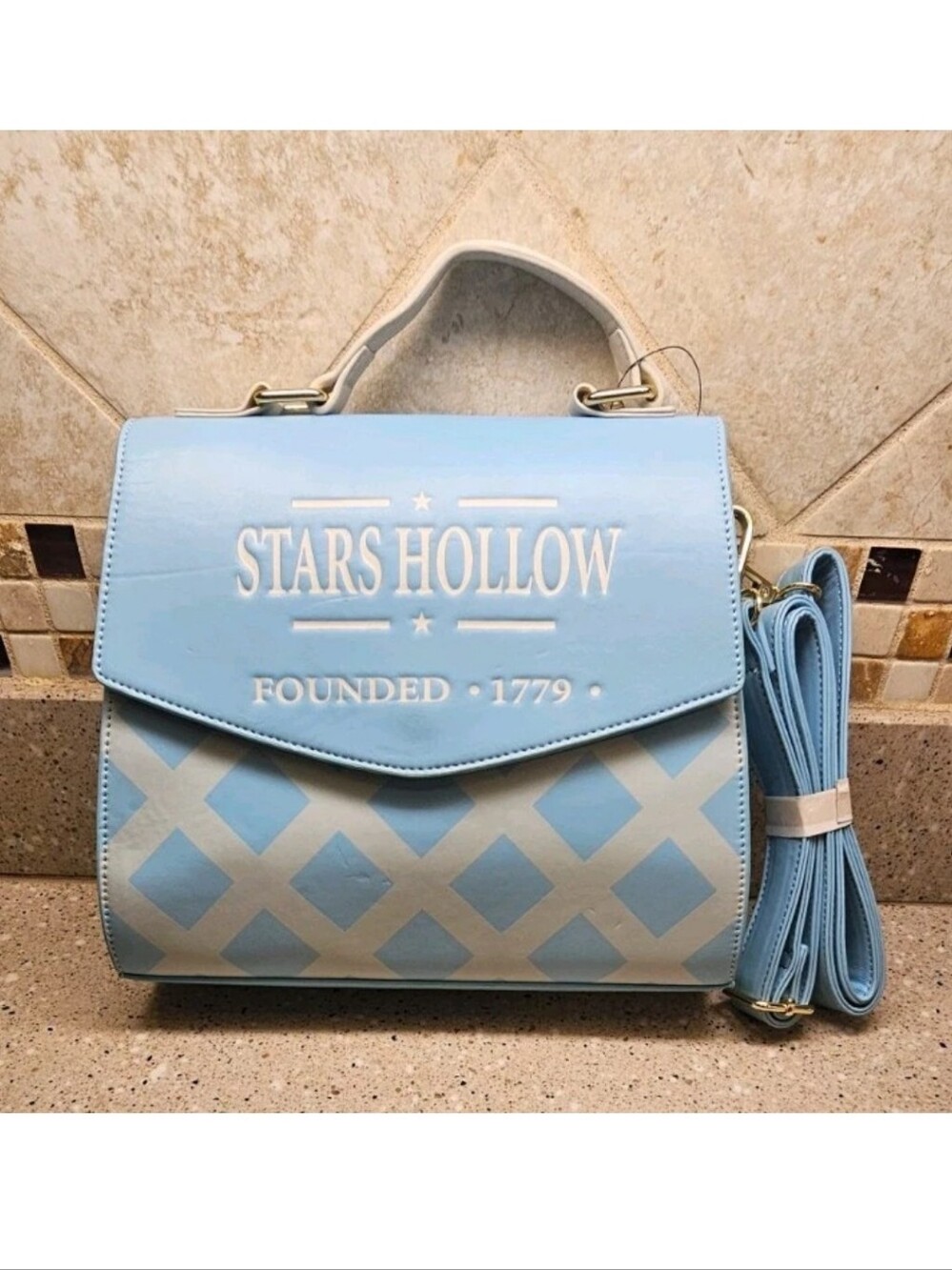 NWOT Loungefly Gilmore Girls Stars Hollow Crossbody Bag Satchel Light Blue Read